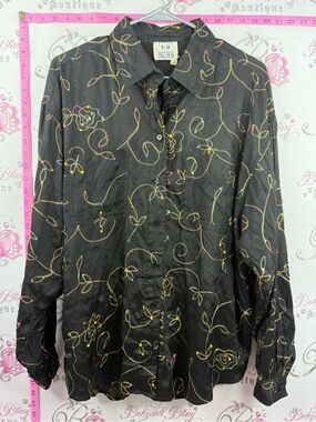 Together vintage shirt Black Button-Down Shirt Multicolor Embroidered Swirls